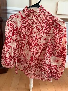 Pinch Red Floral Blouse with Ruffle Collar and Puff Sleeves XS